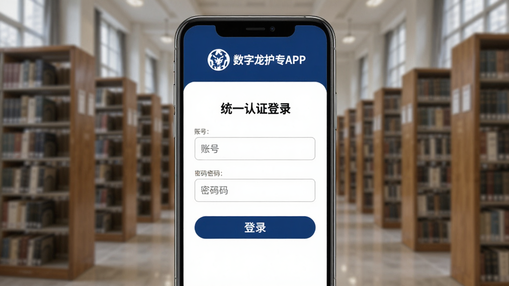 数字龙护专APP师生认证界面图,画面中央展示手机屏幕上的统一认证登录页面,页面上有账号输入框、密码输入框和登录按钮,屏幕上方有数字龙护专APP的Logo,背景为校园图书馆的虚化影像,整体色调为深蓝与白色搭配,风格正式且安全,排版居中,画质高清,干净无多余元素