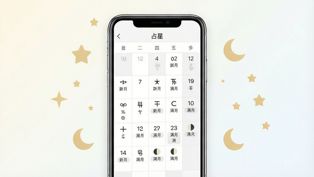 一张占星软件星象日历页面的手机截图风格图片,画面中央为竖屏手机,屏幕内显示月历网格,部分日期下方有行星符号和