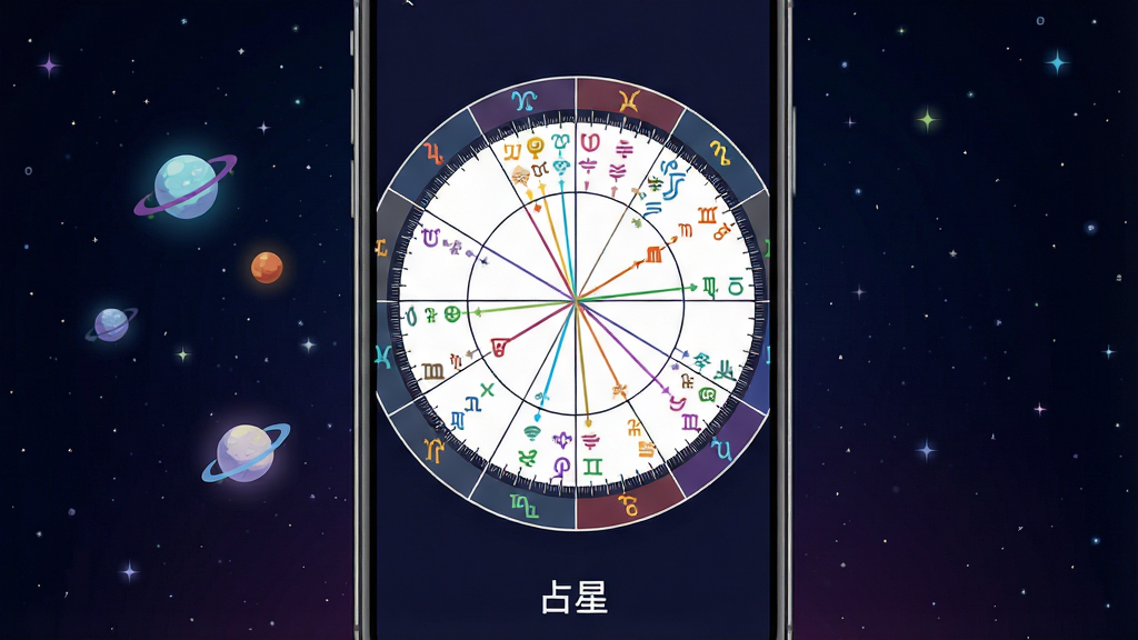 一张展示占星软件星盘详情页的手机界面图片,画面中央为竖屏手机,屏幕内显示一个完整的圆形本命星盘,星盘外圈标注十二星座符号,内部有彩色行星连线与宫位分割线,手机下方有