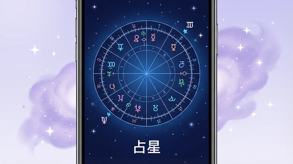 一张展示占星软件主界面的手机应用截图风格图片,画面中央是一部竖屏智能手机,屏幕内显示深蓝色星空背景的星盘圆形图表,星盘上分布着十二宫位刻度和行星符号,手机下方有