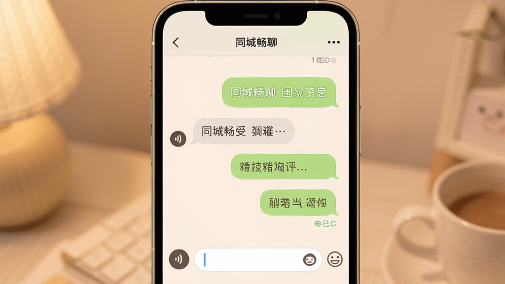 同城畅聊聊天对话框界面,手机屏幕显示聊天气泡与输入框,主体为手机与聊天界面,布局上下结构,排版整齐,风格柔和暖色调,细节包含语音按钮、表情图标、已读标记,画质高清,干净,无多余元素
