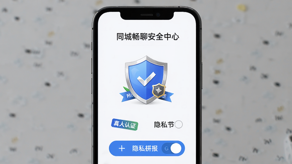 同城畅聊安全中心页面,手机屏幕显示认证徽章与举报按钮,主体为手机与安全盾牌图标,布局居中对称,排版简洁,风格安全可靠感,细节包含真人认证标签、隐私开关,画质高清,干净,无多余元素