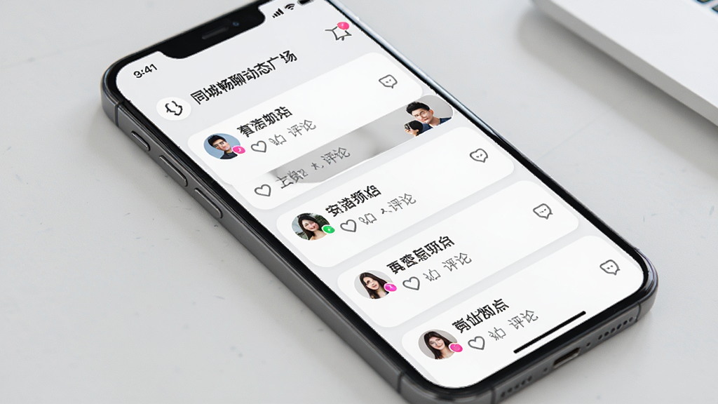 同城畅聊动态广场页面,手机屏幕显示多条用户动态卡片,主体为手机与信息流,布局瀑布流式,排版错落有致,风格社交平台感,细节包含点赞图标、评论数、用户头像,画质高清,干净,无多余元素