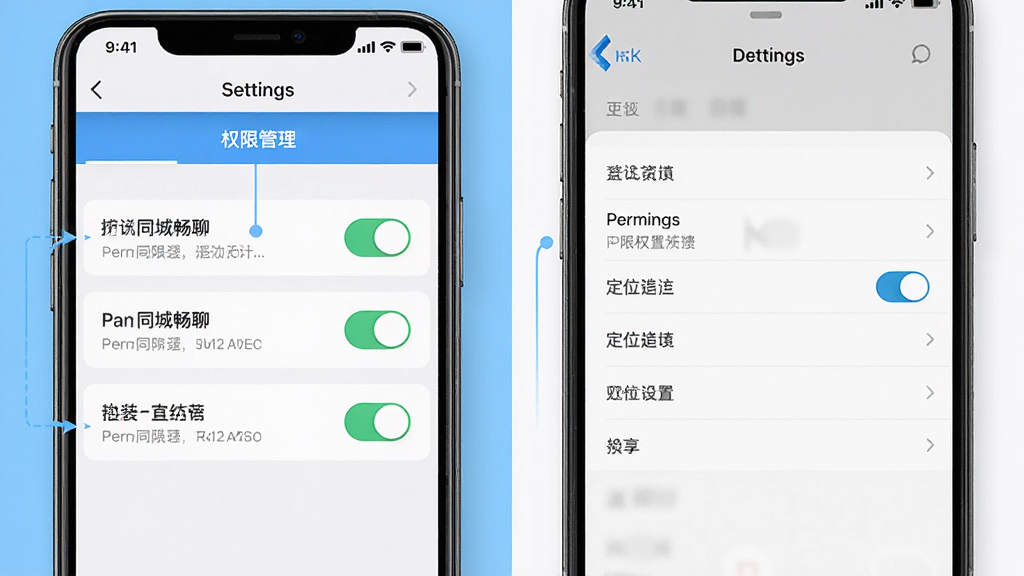 同城畅聊安装权限设置示意图,手机屏幕显示权限管理页面与定位开关,主体为手机与设置菜单,布局左右分栏,排版直观,风格教程说明感,细节包含权限开关滑块、提示文字,画质高清,干净,无多余元素
