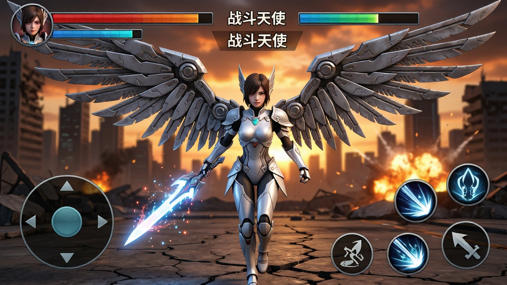 画面中央展示一名拥有机械羽翼的女性战士,身穿银白色战甲,手持能量光刃,背景是未来废墟都市与燃烧的黄昏天空,画面布局为竖版手机游戏界面风格,顶部显示角色血条与能量槽,底部显示虚拟摇杆与四个技能按钮,风格为科幻写实3D渲染,细节包括羽翼上的金属纹理、光刃的粒子特效、地面裂纹与远处爆炸火光,画质高清,干净,无多余元素,图片中打文字“战斗天使”