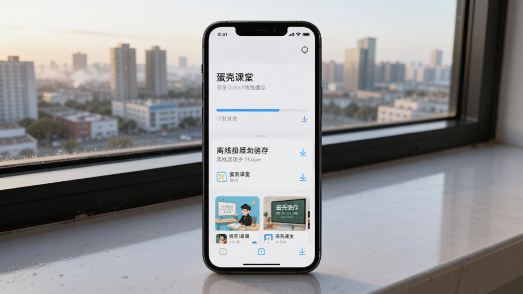 一部手机放置在窗台边,屏幕显示下载进度条与