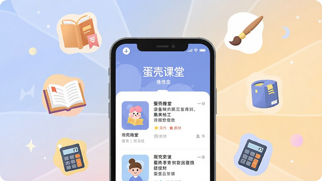 一个智能推荐概念的插画场景,画面中央是手机屏幕显示