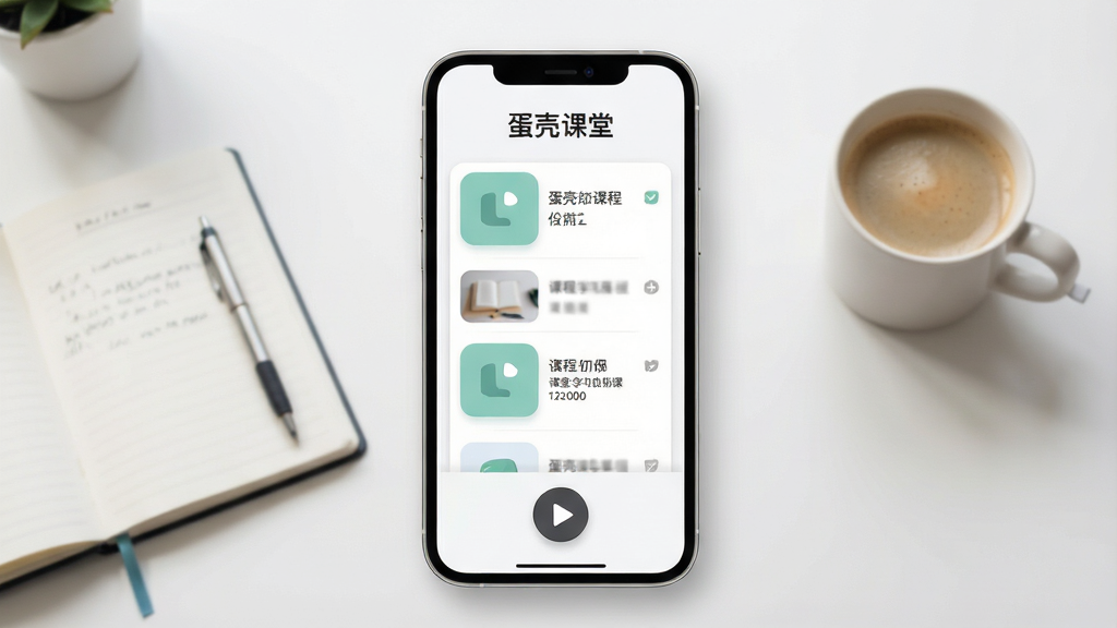一张展示手机端在线学习应用界面的场景图,画面中央是一部竖屏智能手机,手机屏幕上显示着课程列表与播放按钮,屏幕上方有