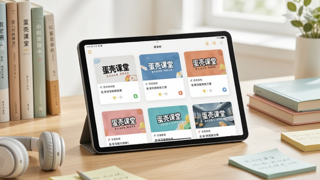 一个明亮的学习场景,画面主体是一台平板电脑竖立在桌面上,屏幕中显示多个课程封面卡片,卡片上带有