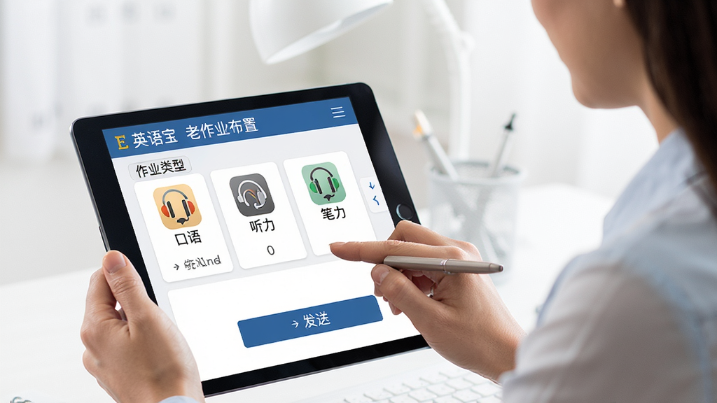一张展示E英语宝老师作业布置界面的图片,主体为老师正在使用平板电脑布置英语作业,布局为屏幕中显示作业类型选择与发送按钮,排版为左右分栏,风格为简洁商务风,细节包括屏幕上有口语、听力、笔试图标,画质高清干净无多余元素