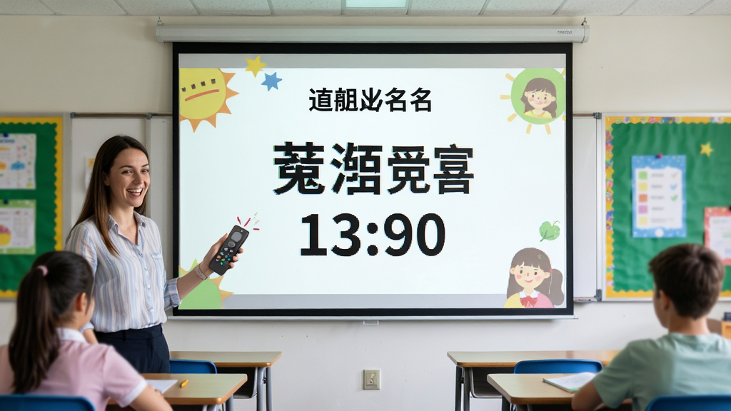 一张展示E英语宝老师课堂互动功能的图片,主体为教室投影屏幕显示随机点名界面,布局为屏幕中央显示学生姓名与倒计时,排版为居中大字体,风格为活泼课堂风,细节包括学生座位与老师手机遥控,画质高清干净无多余元素