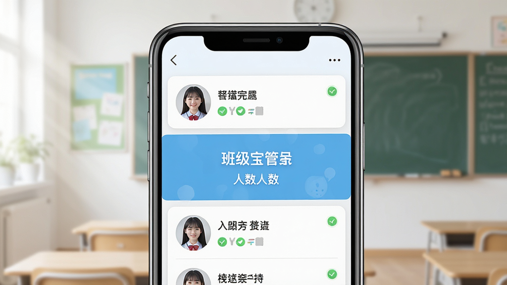 一张展示E英语宝老师班级管理功能的图片,主体为手机屏幕显示班级列表与学生头像,布局为屏幕中央展示班级名称和人数,排版为上下结构,风格为清新教育风,细节包括每个学生名字旁有作业完成状态图标,画质高清干净无多余元素
