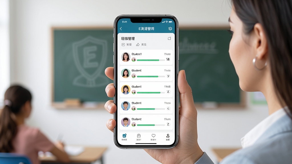 一张展示E英语宝老师软件界面的图片,主体为一位英语老师手持手机查看班级作业完成情况,布局为手机屏幕居中显示软件班级管理页面,排版简洁清晰,风格为现代教育科技风,细节包括屏幕内可见学生名单与作业进度条,画质高清干净无多余元素