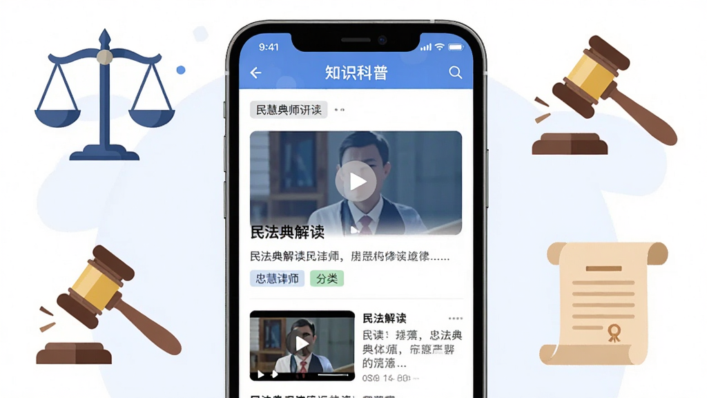 主体为忠慧律师APP的知识科普页面,屏幕上显示法律文章列表和视频缩略图;布局为手机正视图,周围环绕法律图标如天平、法槌、卷轴;排版简洁清晰;风格为扁平化教育插画;细节包括文章标题“民法典解读”、播放按钮、分类标签;画质高清,干净,无多余元素