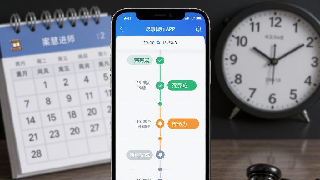 主体为忠慧律师APP的案件进度界面,屏幕显示时间轴和进度节点;布局为手机居中,背景有日历和时钟元素;排版清晰,时间轴纵向排列;风格为现代效率工具风格;细节包括已完成节点打勾、待办节点高亮、提醒铃铛图标;画质高清,干净,无多余元素