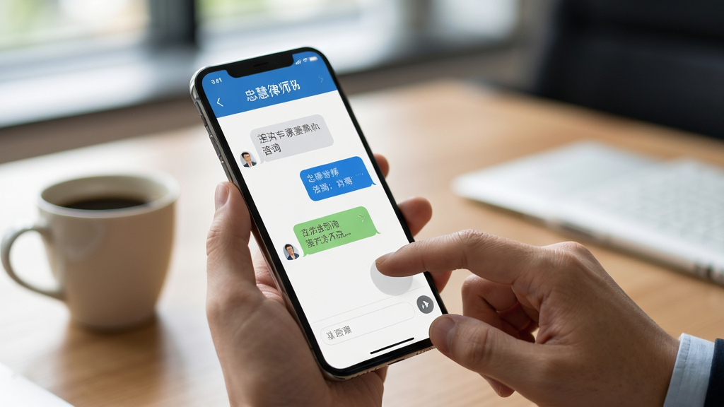 主体为忠慧律师APP在手机上的使用场景,一只手拿着手机,屏幕显示咨询界面;布局为手持手机特写,背景为模糊的办公桌;排版突出手机屏幕内容;风格为真实生活摄影感;细节包括手指点击屏幕、屏幕上的对话气泡、桌面上的咖啡杯;画质高清,干净,无多余元素