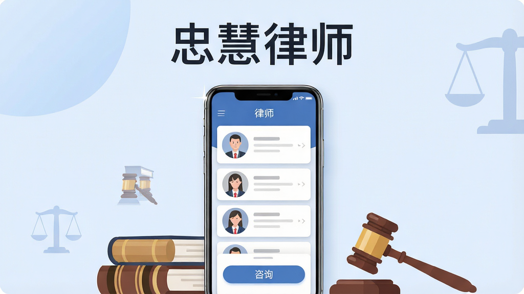 主体为一部智能手机,屏幕上展示忠慧律师APP的首页界面,界面内有律师头像列表和咨询按钮;布局采用居中构图,手机下方有法律书籍和法槌的扁平化插画;排版整洁,上方留白处写有“忠慧律师”四个中文字;风格为现代科技感与法律严肃感结合的扁平化设计;细节包括手机边缘高光、界面卡片阴影、背景淡蓝色渐变;画质高清,干净,无多余元素