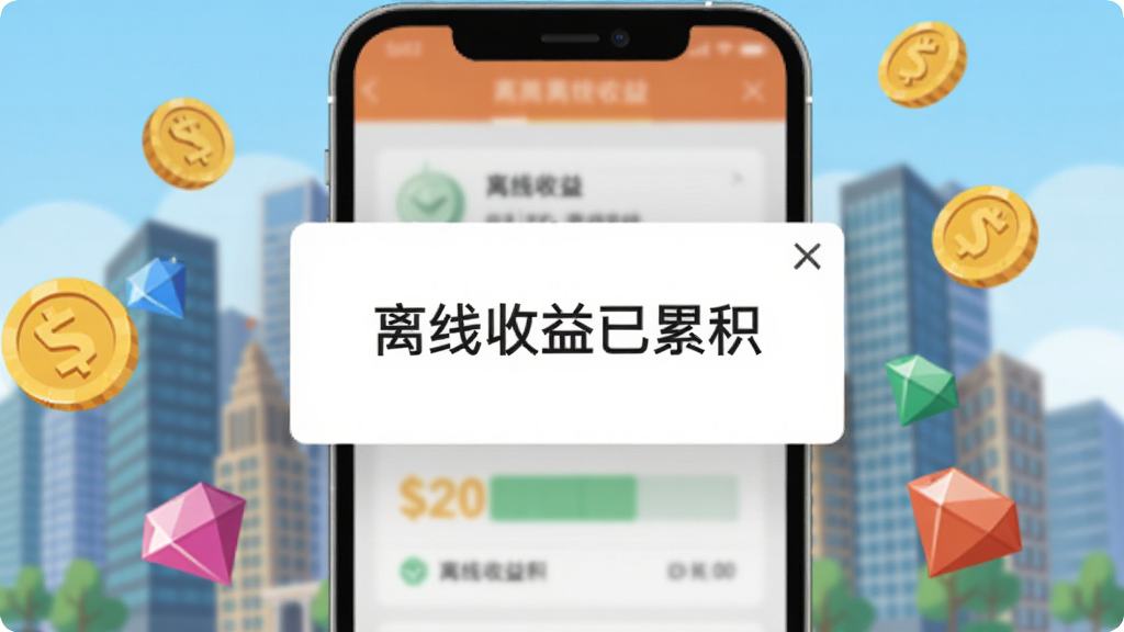 画面中是一个手机屏幕特写,屏幕上显示着一个离线收益弹窗,弹窗内写着“离线收益已累积”字样,背景是模糊的大厦合成界面,手机周围有金币和宝石的图标漂浮,风格为扁平化插画,色调明亮,画质清晰,无多余元素。