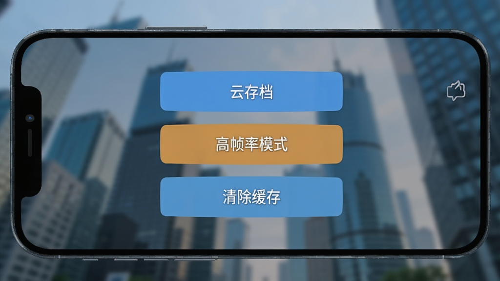 手机屏幕显示游戏设置界面,界面中有“云存档”“高帧率模式”“清除缓存”等选项按钮,背景是模糊的大厦合成画面,风格为扁平化UI设计,色调清爽,画质清晰,无多余元素。