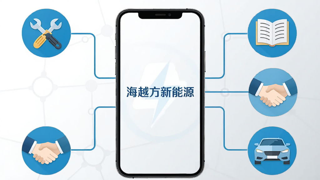 海越方新能源一站式服务功能展示图,画面以手机为中心,四周环绕着维修工具图标、课程书本图标、加盟握手图标、汽车图标,用线条连接形成服务网络,背景为白色到浅灰色的渐变,风格扁平化商务,细节干净,画质高清,无多余元素,图片中带有“海越方新能源”文字