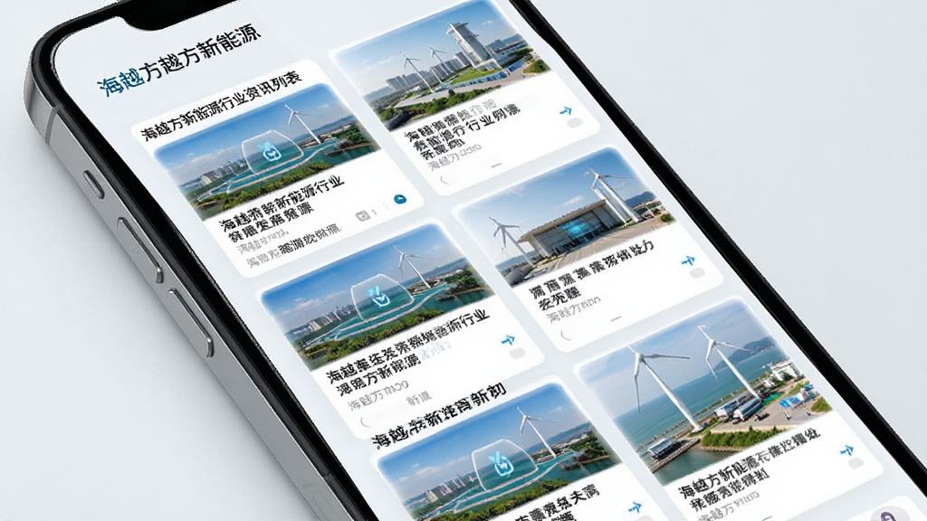 海越方新能源行业资讯列表界面,画面展示手机屏幕上排列的新闻卡片,每张卡片有标题和缩略图,卡片风格统一,背景为浅色,整体干净整洁,画质高清,图片中带有“海越方新能源”文字