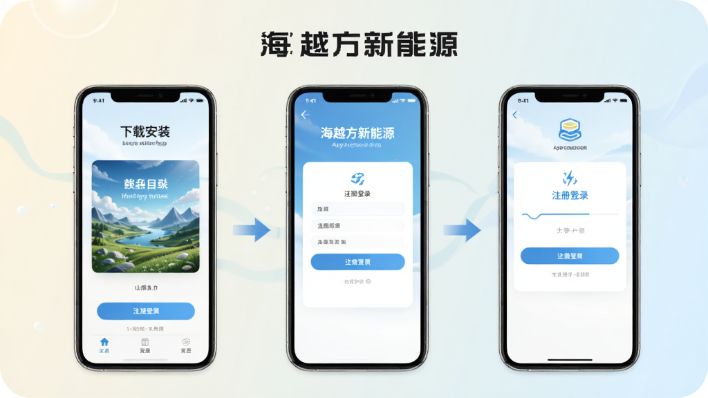海越方新能源App操作教程示意图,画面展示手机界面从下载安装到注册登录的步骤流程,用箭头连接各步骤截图,背景为柔和浅色,风格简洁教程风,细节清晰,画质高清,图片中带有“海越方新能源”文字
