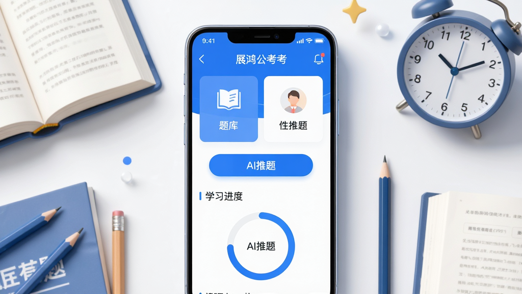 整体画面为展鸿公考AI学软件主界面展示,中央放置一部竖屏安卓手机,手机屏幕内显示公考刷题APP首页界面,包含题库入口、AI推题按钮、学习进度环形图,手机周围环绕书本、铅笔、时钟等学习元素,布局采用中心对称构图,排版简洁清晰,风格为现代扁平化科技风,细节上手机边框圆润、界面配色以蓝白为主,画质高清,干净,无多余元素