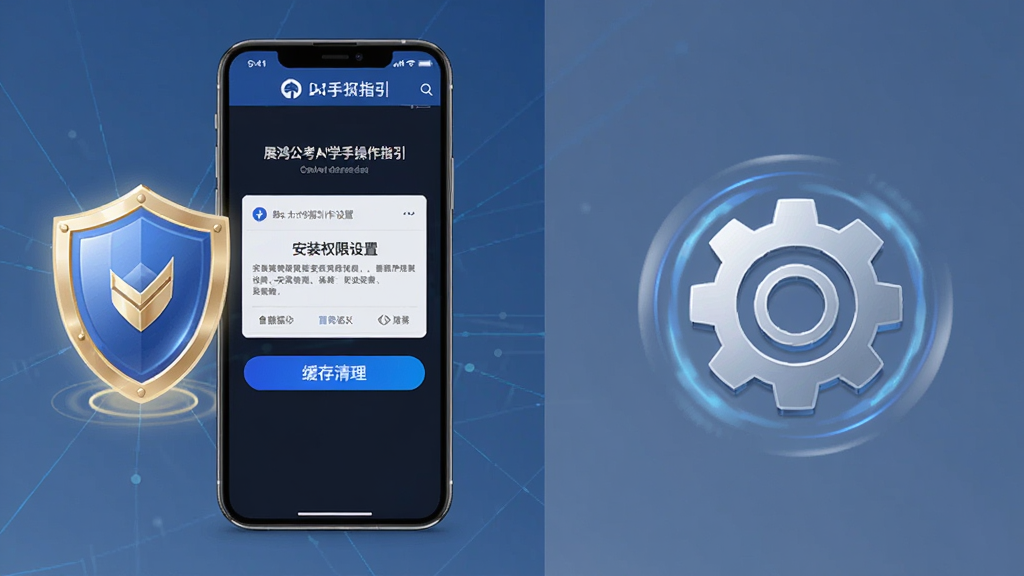 画面为展鸿公考AI学新手操作指引界面,一部手机屏幕显示安装权限设置与缓存清理按钮,手机旁边放置盾牌图标与齿轮图标,布局为左右分栏式,排版简洁明了,风格为安全指引风,细节上盾牌有发光效果、齿轮有转动动态感,画质高清,干净,无多余元素