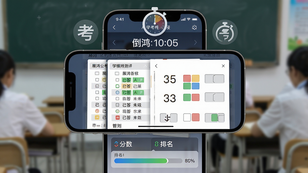 画面中央为展鸿公考AI学模考测评界面,手机屏幕显示倒计时与答题卡,手机上方悬浮计时器图标,下方显示分数与排名条,布局为上下结构,排版紧凑有序,风格为考场严肃风,细节上答题卡有已答未答颜色区分、排名条有百分比刻度,画质高清,干净,无多余元素