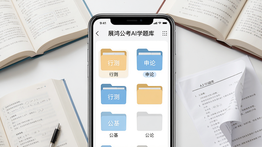 画面主体为展鸿公考AI学题库界面,一部手机竖屏显示题库分类列表,包含行测、申论、公基等科目文件夹图标,手机四周散落书本与试卷,布局为居中构图,排版层次分明,风格为简约教育风,细节上文件夹图标带有科目小标签、试卷有翻页效果,画质高清,干净,无多余元素