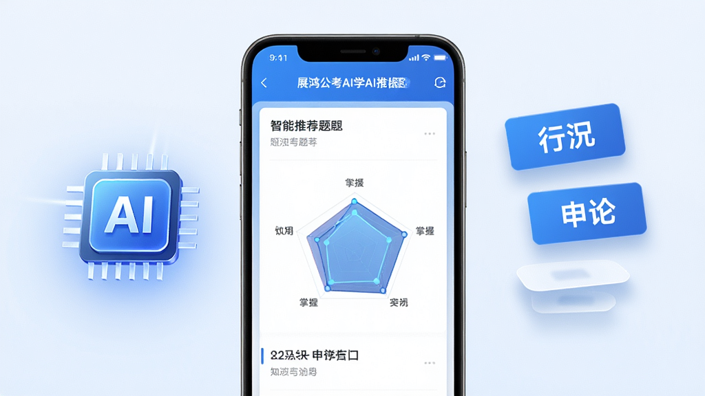 画面中央为展鸿公考AI学AI推题功能界面,一部手机屏幕上显示智能推荐题目列表与知识点掌握雷达图,手机左侧放置发光的AI芯片图标,右侧飘浮行测与申论标签卡片,布局为左右均衡式,排版干净利落,风格为科技蓝渐变风,细节上雷达图数据清晰、卡片有轻微阴影,画质高清,干净,无多余元素