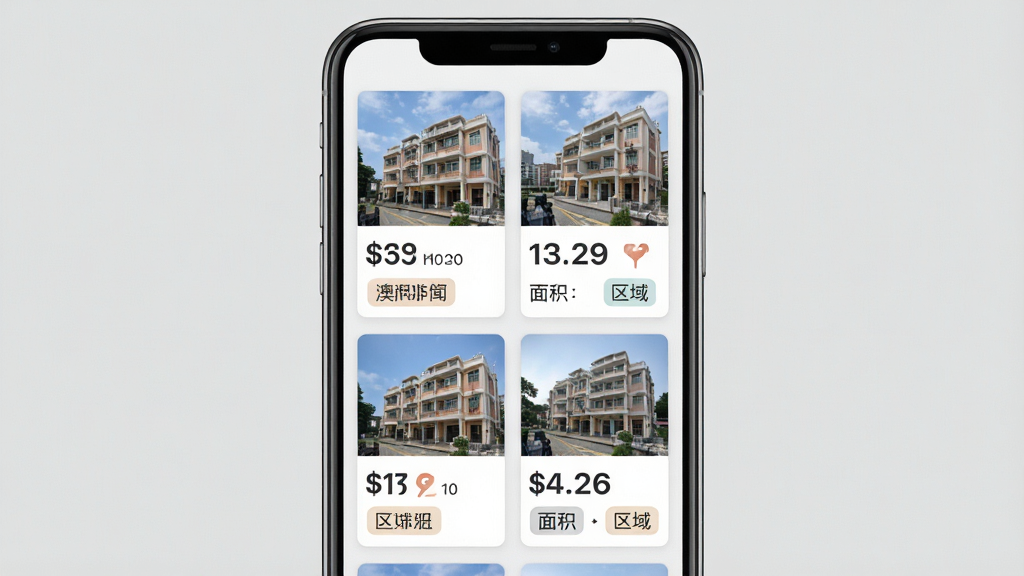 一张展示澳找房房源列表页面的图片,画面中手机屏幕内呈现多张房源卡片,每张卡片包含房屋照片、价格、面积与区域标签,背景为浅灰色,整体布局整齐,风格清爽,画质干净,无多余元素