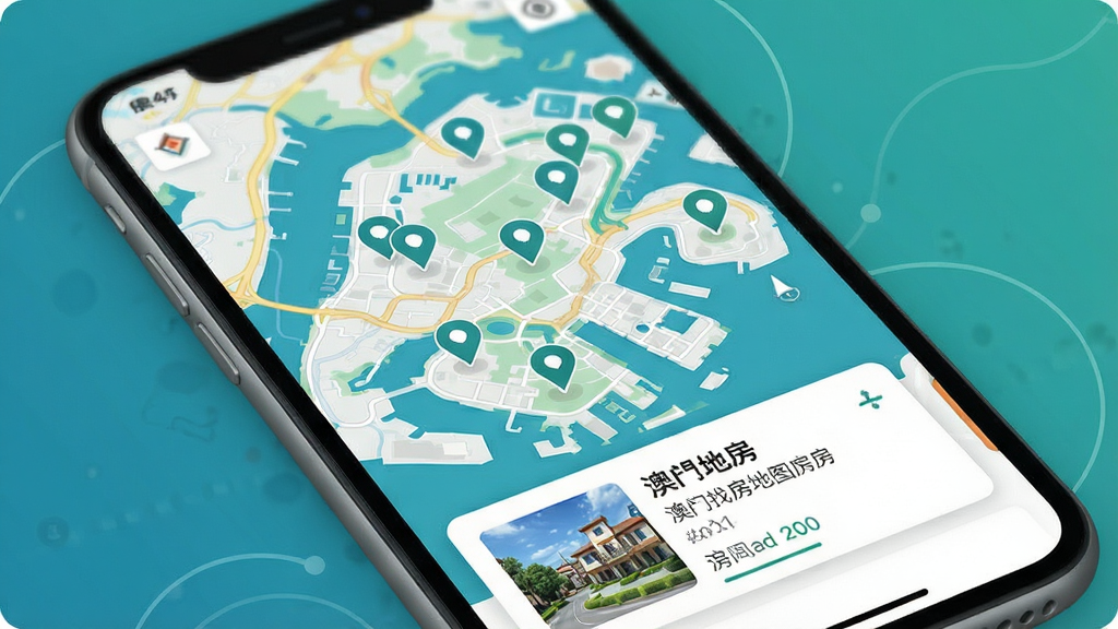 一张展示澳找房地图找房功能的图片,画面中手机屏幕显示澳门地图界面,地图上分布多个房源标记点,底部弹出房源简要信息卡片,整体采用蓝绿色调,风格直观清晰,画质干净,无多余元素