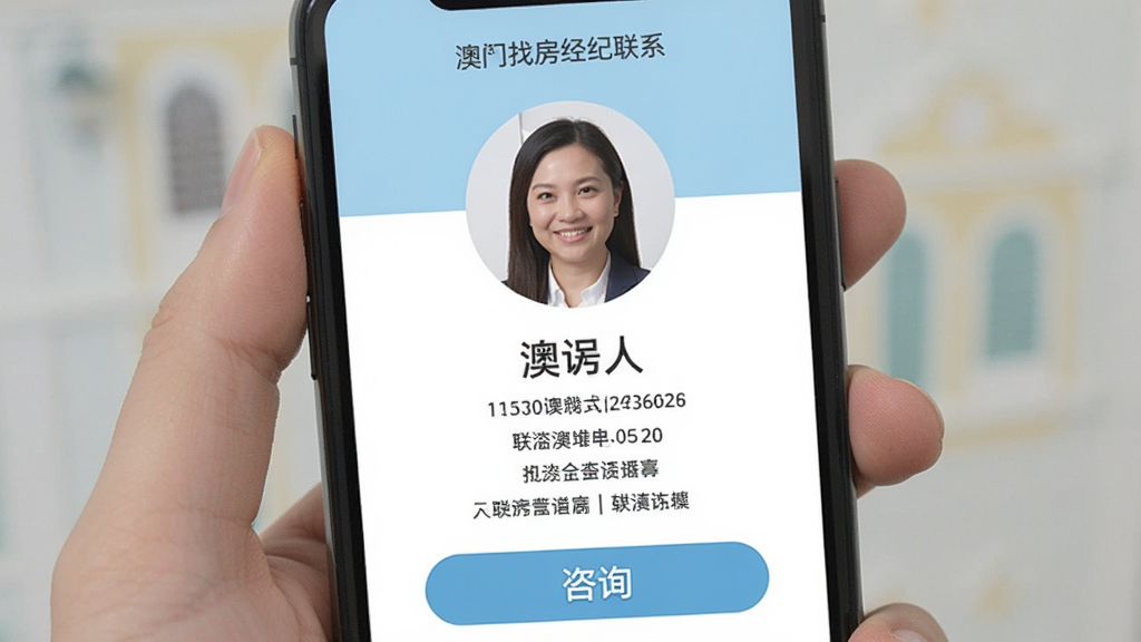一张展示澳找房经纪联系页面的图片,画面中手机屏幕内显示经纪人头像、姓名、联系方式与咨询按钮,背景为浅蓝色,整体布局清晰,风格友好,画质干净,无多余元素