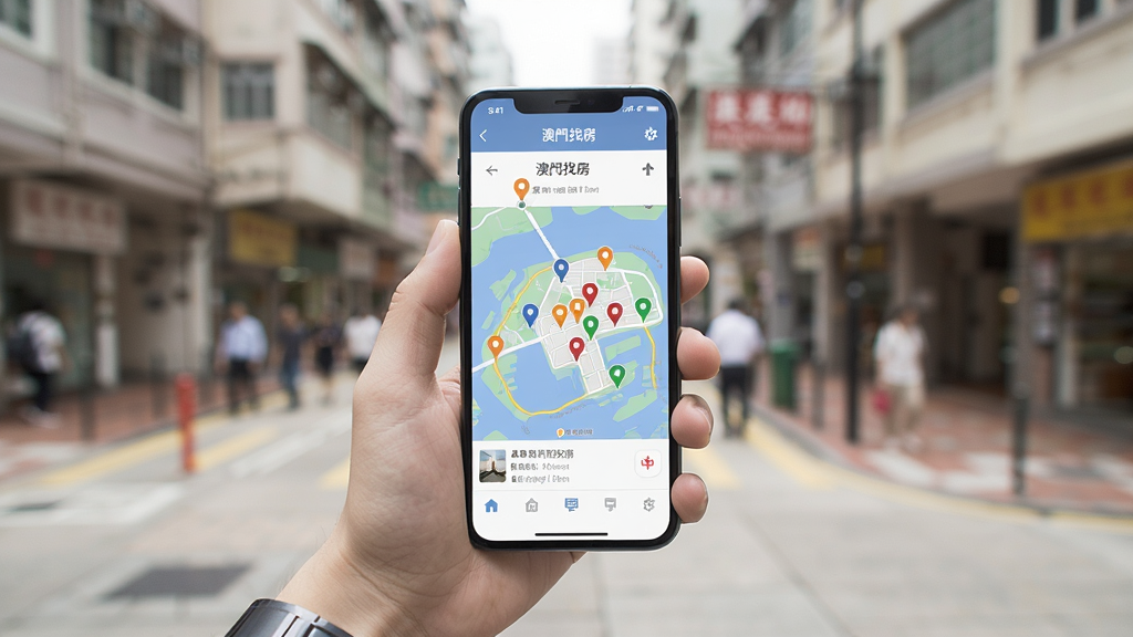 一张展示手机使用澳找房应用进行地图找房的场景图,画面中一只手拿着手机,屏幕显示澳门地图与房源标记,背景为模糊的城市街景,整体风格生活化,画质干净,无多余元素
