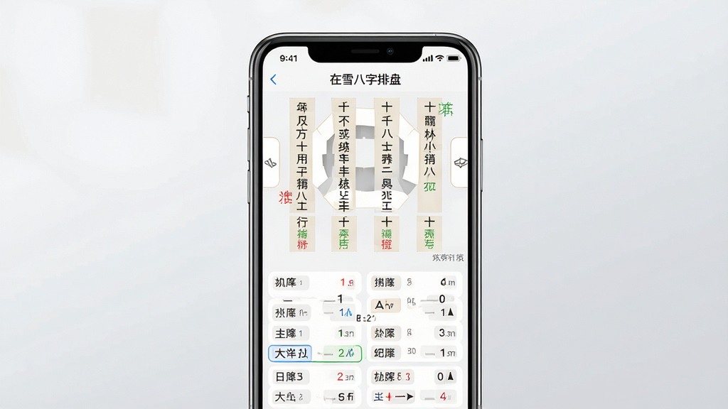 一张展示“在雪八字排盘”软件界面的手机样机图,主体为竖屏手机居中放置,屏幕内显示八字排盘结果页面,包含四柱干支、十神标注与大运列表,布局简洁清晰,背景为浅灰渐变纯色,风格现代简约,细节上突出文字排版工整与数据层次分明,画质高清干净,无多余元素
