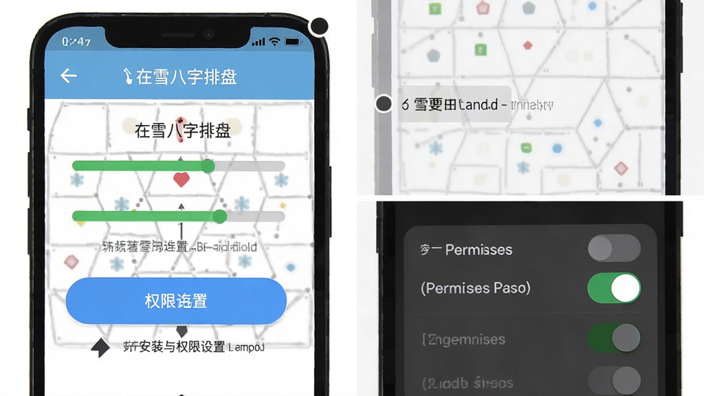 一张展示“在雪八字排盘”在手机上安装与权限设置的示意图,主体为手机屏幕显示安装进度条与权限开关,布局为上下分步展示,风格扁平化教程风,细节上突出按钮位置与提示文字,画质清晰干净,无多余元素