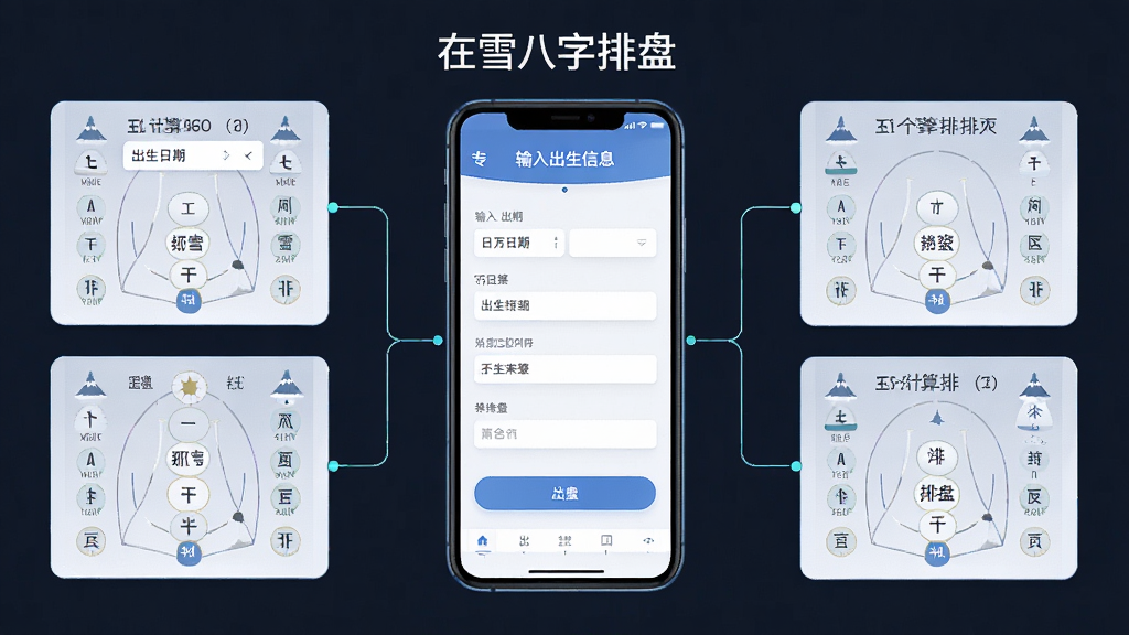 一张展示“在雪八字排盘”排盘计算流程的示意图,主体为手机屏幕中央显示输入出生信息的表单,旁边以简洁线条连接出四柱排盘结果面板,布局左右分栏,风格扁平化科技感,细节上突出日期选择与干支文字,画质清晰干净,无多余元素