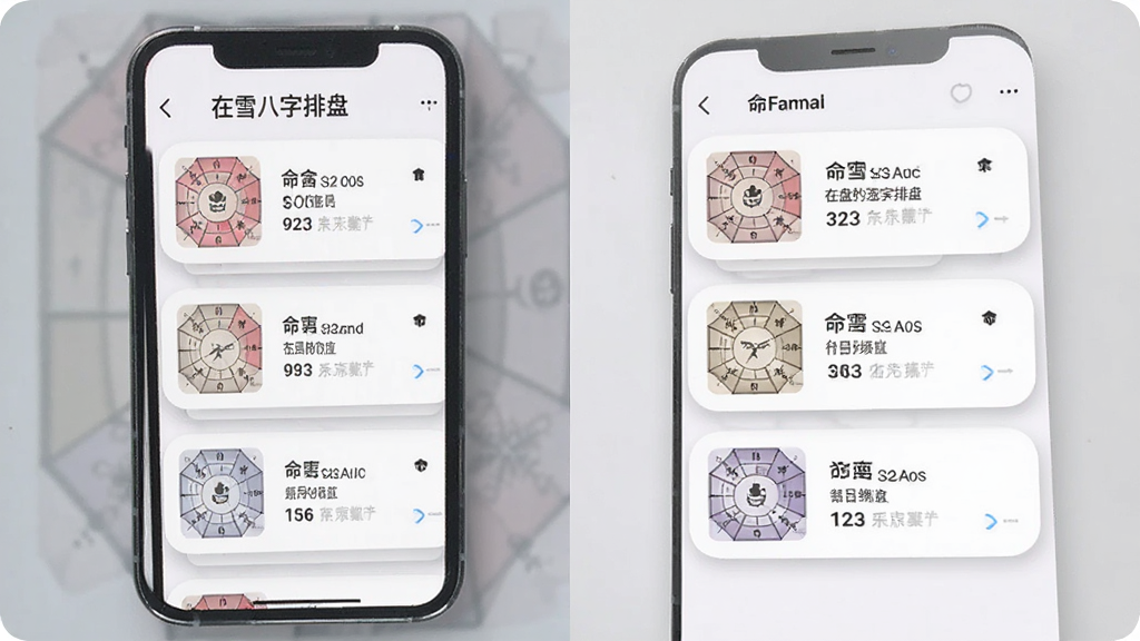 一张展示“在雪八字排盘”命盘保存列表界面的手机样机图,主体为手机竖屏显示多条命盘记录卡片,布局为纵向列表,风格柔和圆角,细节上突出卡片阴影与文字层级,画质高清干净,无多余元素