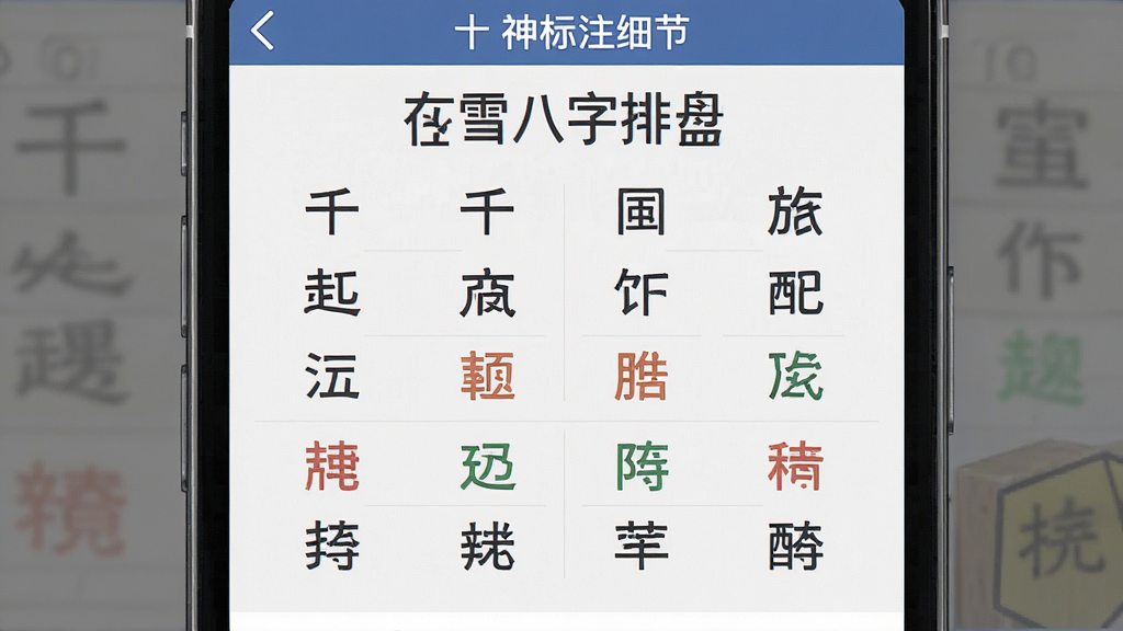 一张展示“在雪八字排盘”十神标注细节的界面图,主体为手机屏幕内四柱干支下方标注十神名称,布局紧凑有序,风格简约商务,细节上突出文字颜色区分与对齐方式,画质清晰干净,无多余元素