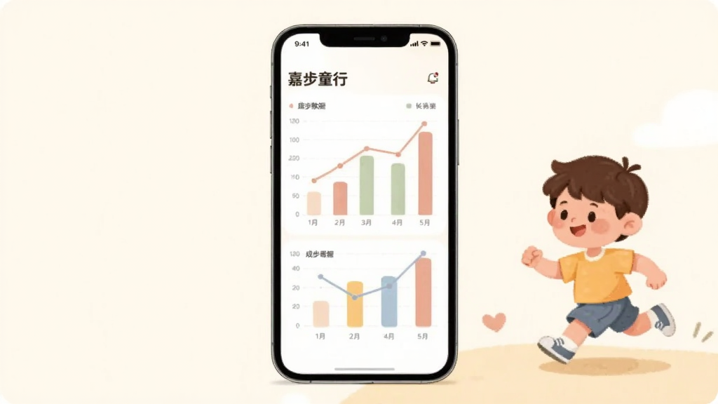 画面中央是一块竖屏手机,屏幕上显示柱状图和折线图组成的成长数据统计页面,图表颜色柔和,旁边有卡通小朋友在奔跑的插画,背景为温暖的米白色,整体风格简约温馨,画质干净清晰,无多余元素,界面中包含