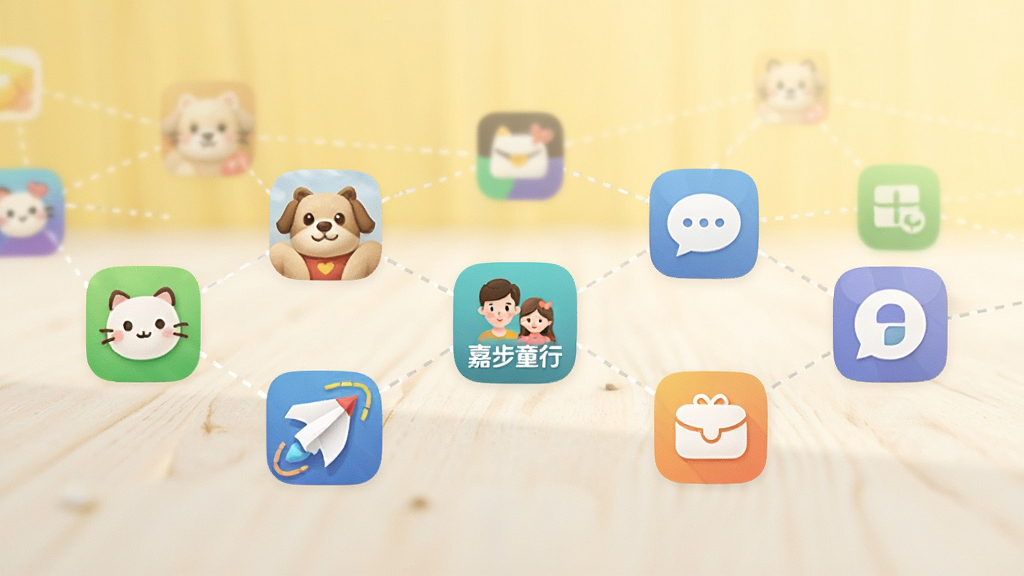画面展示一排手机应用图标整齐排列在浅色桌面上,每个图标代表不同的亲子出行类应用,图标之间用虚线连接形成网络,背景是柔和的暖黄色,整体风格清新浅色,画质清晰,干净无多余元素,居中位置突出