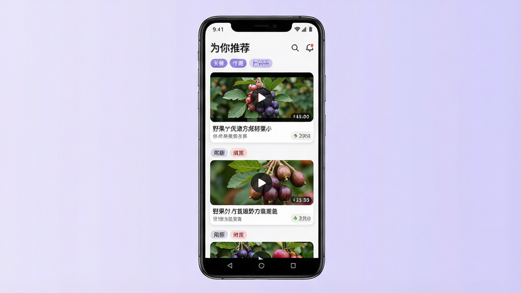 一张展示野果个性化推荐首页的手机界面图,主体为一部安卓手机,屏幕显示推荐流卡片,每张卡片包含视频封面、标题和播放量标签,卡片按兴趣标签分组;布局为手机居中,背景为浅紫色渐变;排版上卡片纵向排列,间距均匀;风格为现代信息流应用风格;细节包括推荐标签清晰、封面图多样、顶部有“为你推荐”字样;画质高清、画面干净、无多余元素。