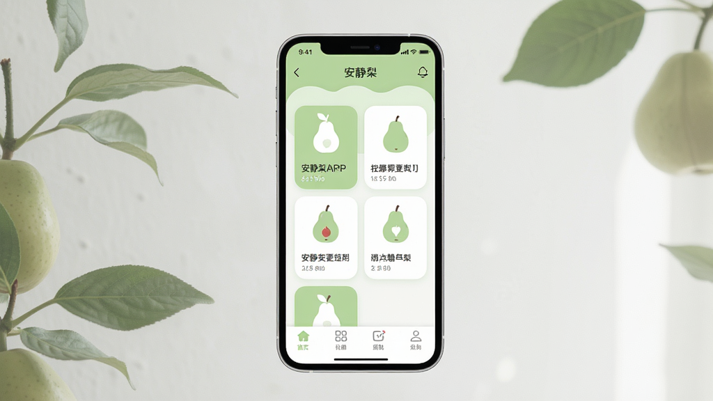 一张展示安静梨应用主界面的场景图,画面中央是手机屏幕,屏幕内显示安静梨APP的首页布局,包含顶部标题栏、中部功能卡片和底部导航栏,整体色调以柔和的浅绿色和白色为主,风格清新简洁,细节上体现图标圆润、文字清晰,画质干净明亮,无多余元素