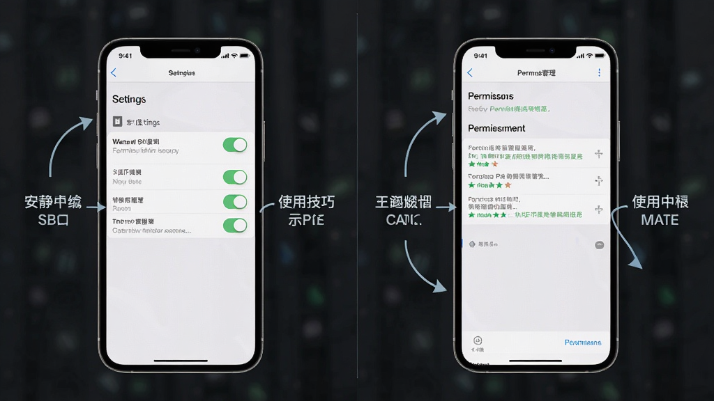 一张安静梨使用技巧示意图,画面中手机屏幕显示设置界面和权限管理页面,旁边配有简单的箭头标注和文字说明,布局采用左右分栏,风格偏向科技感但保持简洁,细节上突出开关按钮和提示文字,画质清晰干净,无多余干扰元素
