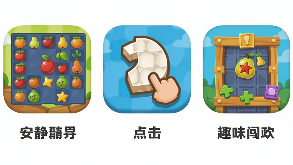 一幅以安静梨小游戏合集为主题的插画,画面中并排展示三个不同风格的游戏图标,分别是水果消除、数字点击和趣味闯关,图标下方配有简洁的文字标签,整体布局整齐,风格偏向扁平化卡通,色彩明快但不刺眼,细节上突出图标质感和层次,画质清晰干净,无杂乱背景元素