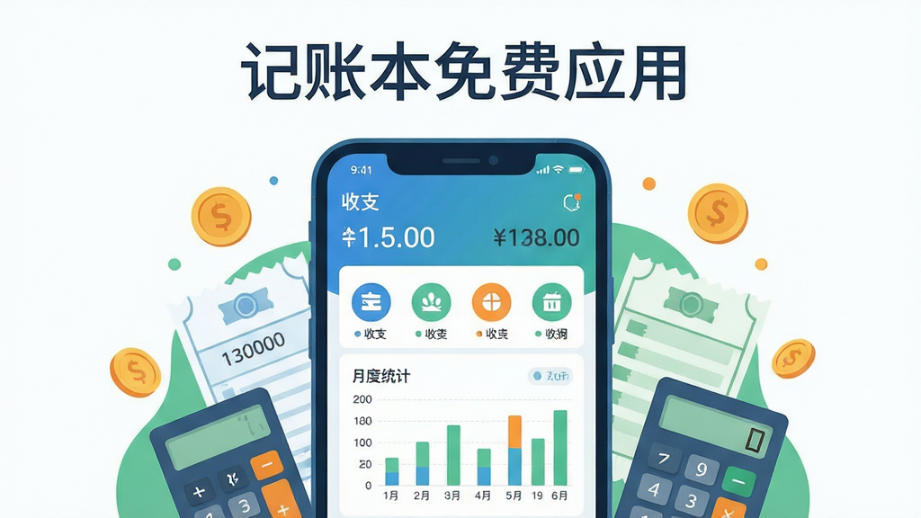 记账本免费应用主界面预览图,画面中心是一部智能手机,屏幕显示简洁的记账首页,包含收支金额、分类图标和月度统计图表。手机周围环绕金币、账单、计算器等财务元素,布局对称均衡。排版采用上下结构,上方为软件名称文字,下方为手机与元素组合。风格为扁平化插画,色彩以蓝色和绿色为主,辅以暖橙色点缀。细节上突出界面中的数字和图表清晰度,画质高清,画面干净,无多余杂乱元素。