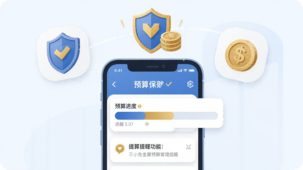 记账本免费预算管理功能展示图,画面中一部手机显示预算进度条和提醒通知,手机上方有盾牌和金币图标象征资金保护。布局为手机居中,图标悬浮在上方两侧。风格为轻质感插画,色彩以蓝色和金色为主。细节上突出进度条的填充状态和通知内容的清晰度,画质干净,无多余元素。