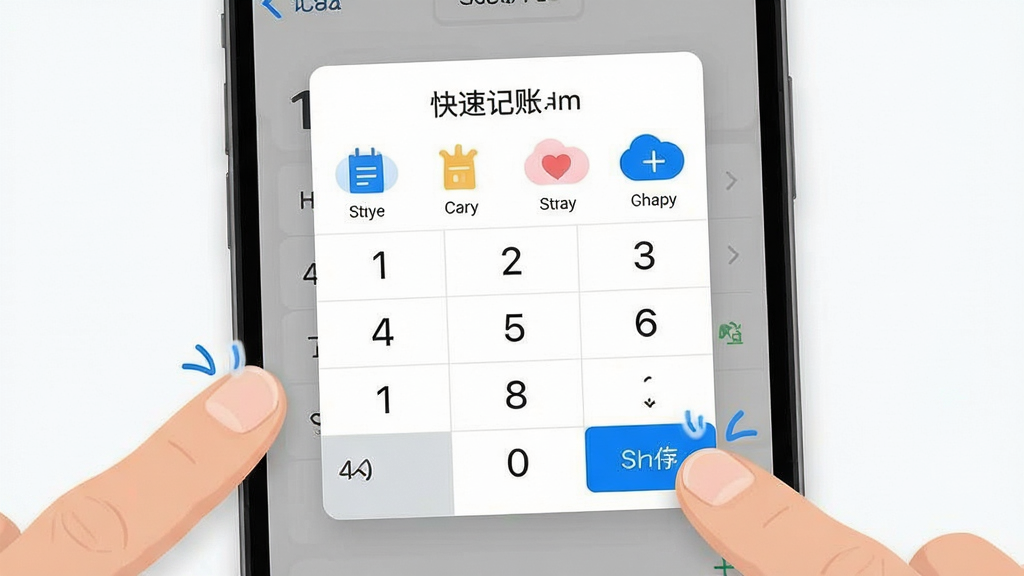 记账本免费极简记账操作界面展示图,主体为手机屏幕特写,显示快速记账弹窗,包含数字键盘、分类图标和保存按钮。屏幕周围有手指点击的动画示意,布局采用居中构图。风格为现代扁平化设计,色彩以白色背景搭配蓝色高亮按钮。细节上突出数字键盘的清晰度和分类图标的辨识度,画质干净锐利,无多余装饰元素。
