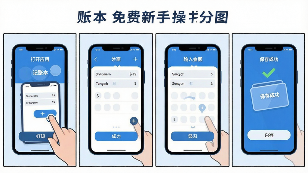 记账本免费新手操作指引图,画面为一部手机展示记账步骤分解图,从左到右依次为打开应用、点击加号、输入金额、保存成功四个画面。布局为横向排列的四格漫画形式。风格为简洁扁平化教程插画,色彩以蓝色和白色为主。细节上突出每一步的操作按钮和界面变化,画质清晰,画面干净无多余文字。